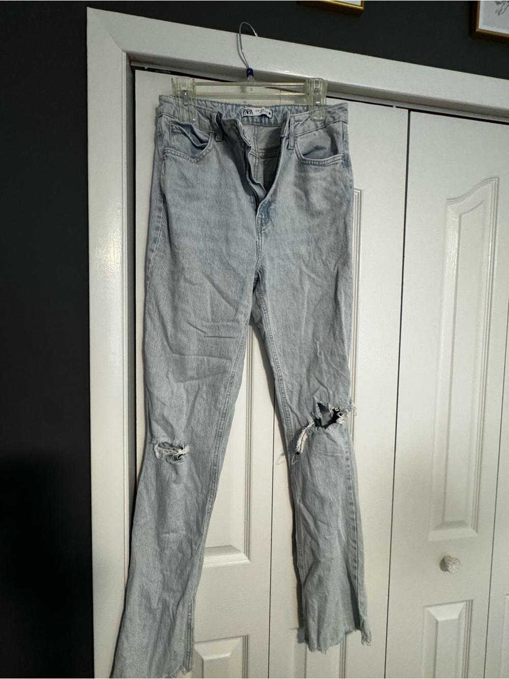 Zara Light Blue Flared Ripped Jeans